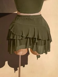 SHEIN ICON Women's Plus Size Solid Color Pleated Fashion Versatile Date & Travel Skirt Fall - Army Green - View 2