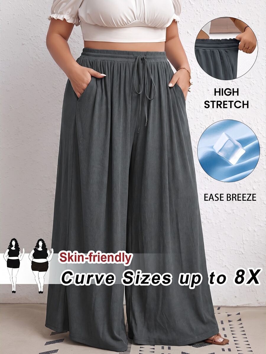 SHEIN CURVE+ 大尺碼女款純色腰帶寬腿寬鬆休閒長褲 秋季