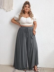SHEIN CURVE+ 大尺碼女款純色腰帶寬腿寬鬆休閒長褲 秋季 - 深灰色 - 查看 6