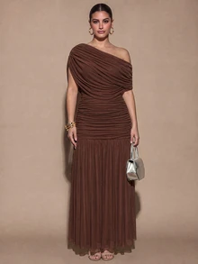SHEIN BAE CURVE Gaun Panjang Aprikot Ukuran Plus untuk Wanita, Gaun Pesta Elegan - Coffee Brown - View 5