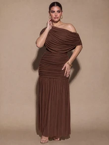 SHEIN BAE CURVE Gaun Panjang Aprikot Ukuran Plus untuk Wanita, Gaun Pesta Elegan - Coffee Brown - View 3