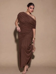 SHEIN BAE CURVE Gaun Panjang Aprikot Ukuran Plus untuk Wanita, Gaun Pesta Elegan - Coffee Brown - View 6
