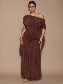 SHEIN BAE CURVE Gaun Panjang Aprikot Ukuran Plus untuk Wanita, Gaun Pesta Elegan - Coffee Brown - View 2
