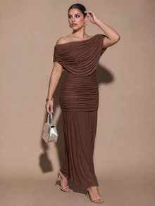 SHEIN BAE CURVE Gaun Panjang Aprikot Ukuran Plus untuk Wanita, Gaun Pesta Elegan - Coffee Brown - View 4