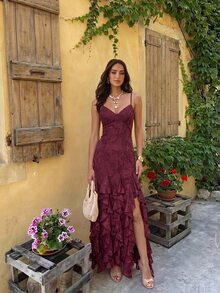 Silquee Women's Sexy Lotus Leaf Patchwork Hollow Back Tie-Up Dress - Burgundy - View 7