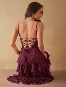 Silquee Women's Sexy Lotus Leaf Patchwork Hollow Back Tie-Up Dress - Burgundy - View 2