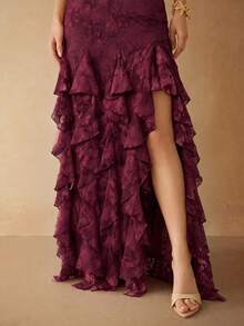 Silquee Women's Sexy Lotus Leaf Patchwork Hollow Back Tie-Up Dress - Burgundy - View 5