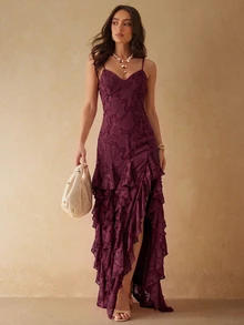 Silquee Women's Sexy Lotus Leaf Patchwork Hollow Back Tie-Up Dress - Burgundy - View 4