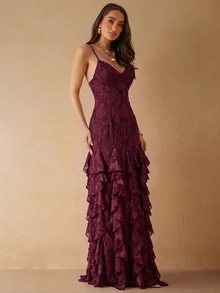 Silquee Women's Sexy Lotus Leaf Patchwork Hollow Back Tie-Up Dress - Burgundy - View 6