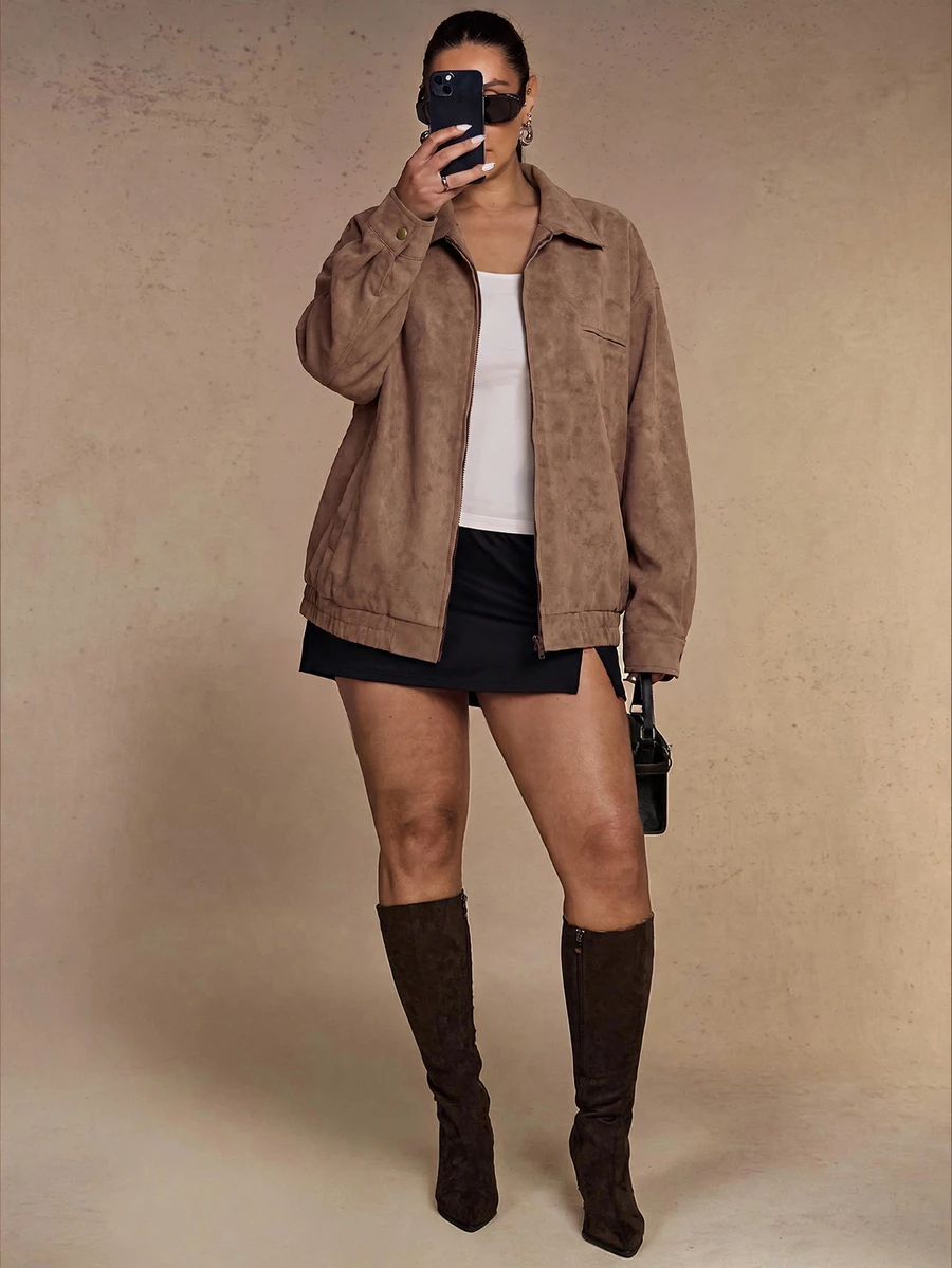 SHEIN BAE CURVE Plus Size Women's Khaki Boxy Jacket Winter - Chocolate Brown - View 1