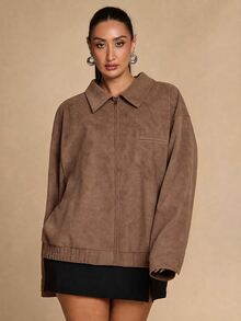 SHEIN BAE CURVE Plus Size Women's Khaki Boxy Jacket Winter - Chocolate Brown - View 6