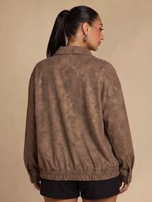 SHEIN BAE CURVE Plus Size Women's Khaki Boxy Jacket Winter - Chocolate Brown - View 2