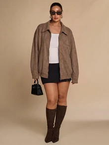 SHEIN BAE CURVE Plus Size Women's Khaki Boxy Jacket Winter - Chocolate Brown - View 7