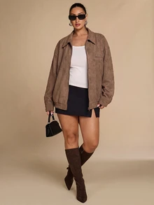 SHEIN BAE CURVE Plus Size Women's Khaki Boxy Jacket Winter - Chocolate Brown - View 5