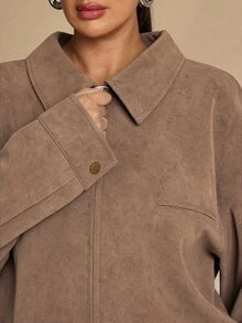 SHEIN BAE CURVE Plus Size Women's Khaki Boxy Jacket Winter - Chocolate Brown - View 8