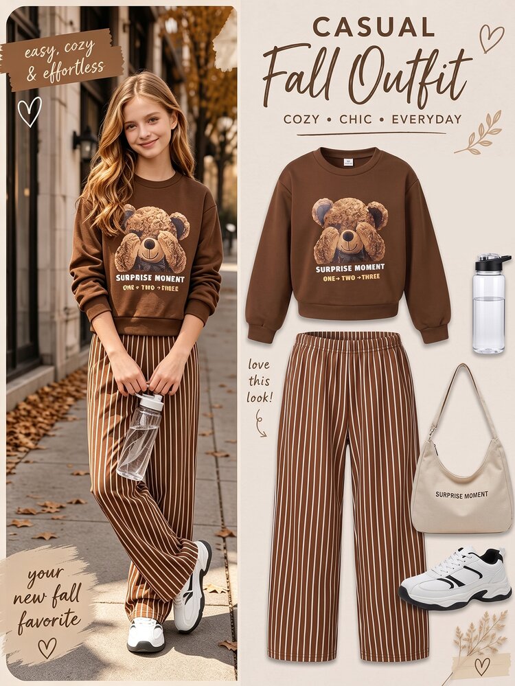SHEIN Tween Girls T-Shirt Set, Brown, Short Sleeve Top + Long Pants 2 Pieces, Loose Fit, Warm For Autumn/Winter, Thanksgiving Holiday Chocolate Brown - Brown - View 3
