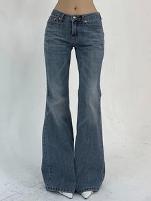 DAZY Women's Casual Pocketed Flare Leg Jeans Low Rise Jeans - Navy Blue - View 1