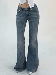 DAZY Women's Casual Pocketed Flare Leg Jeans Low Rise Jeans - Navy Blue - View 2