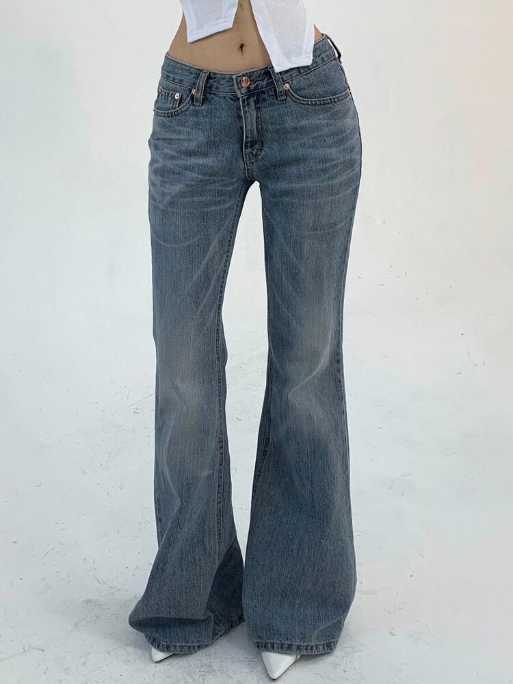 DAZY Jeans de tiro bajo con pierna acampanada y bolsillos para mujer - Azul Marino - Añade 2