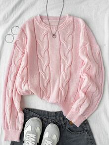 SHEIN 青少年女孩秋冬休閒外出穿搭 粉色素色圖案燈籠袖短版長袖針織毛衣 - 粉色 - 查看 3