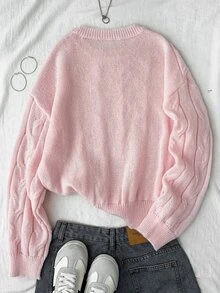 SHEIN 青少年女孩秋冬休閒外出穿搭 粉色素色圖案燈籠袖短版長袖針織毛衣 - 粉色 - 查看 2