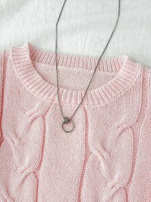 SHEIN 青少年女孩秋冬休閒外出穿搭 粉色素色圖案燈籠袖短版長袖針織毛衣 - 粉色 - 查看 4