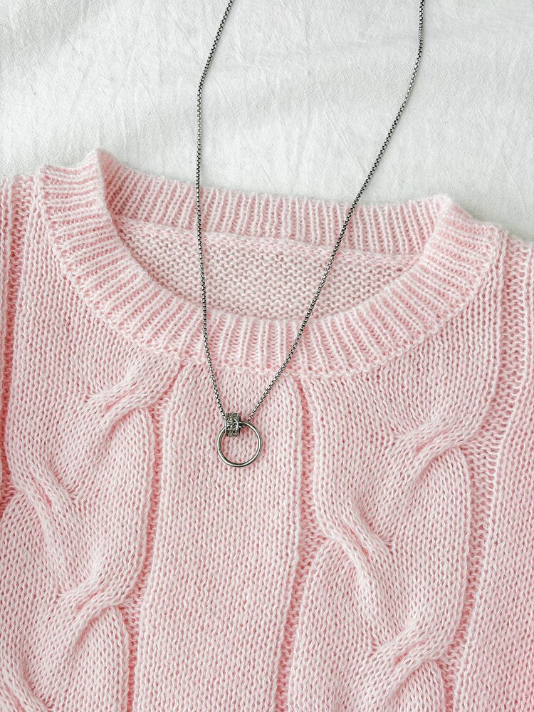 SHEIN Sweater untuk Remaja Perempuan Musim Gugur/Musim Dingin, Pakaian Kasual untuk Jalan-jalan, Warna Pink Polos, Motif Lengan Lentera, Panjang Pendek, Lengan Panjang, Rajutan - Berwarna merah muda - View 4