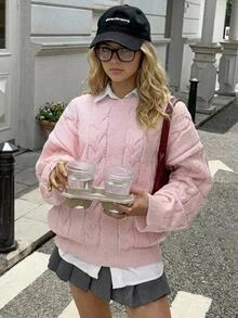 SHEIN 青少年女孩秋冬休閒外出穿搭 粉色素色圖案燈籠袖短版長袖針織毛衣 - 粉色 - 查看 6