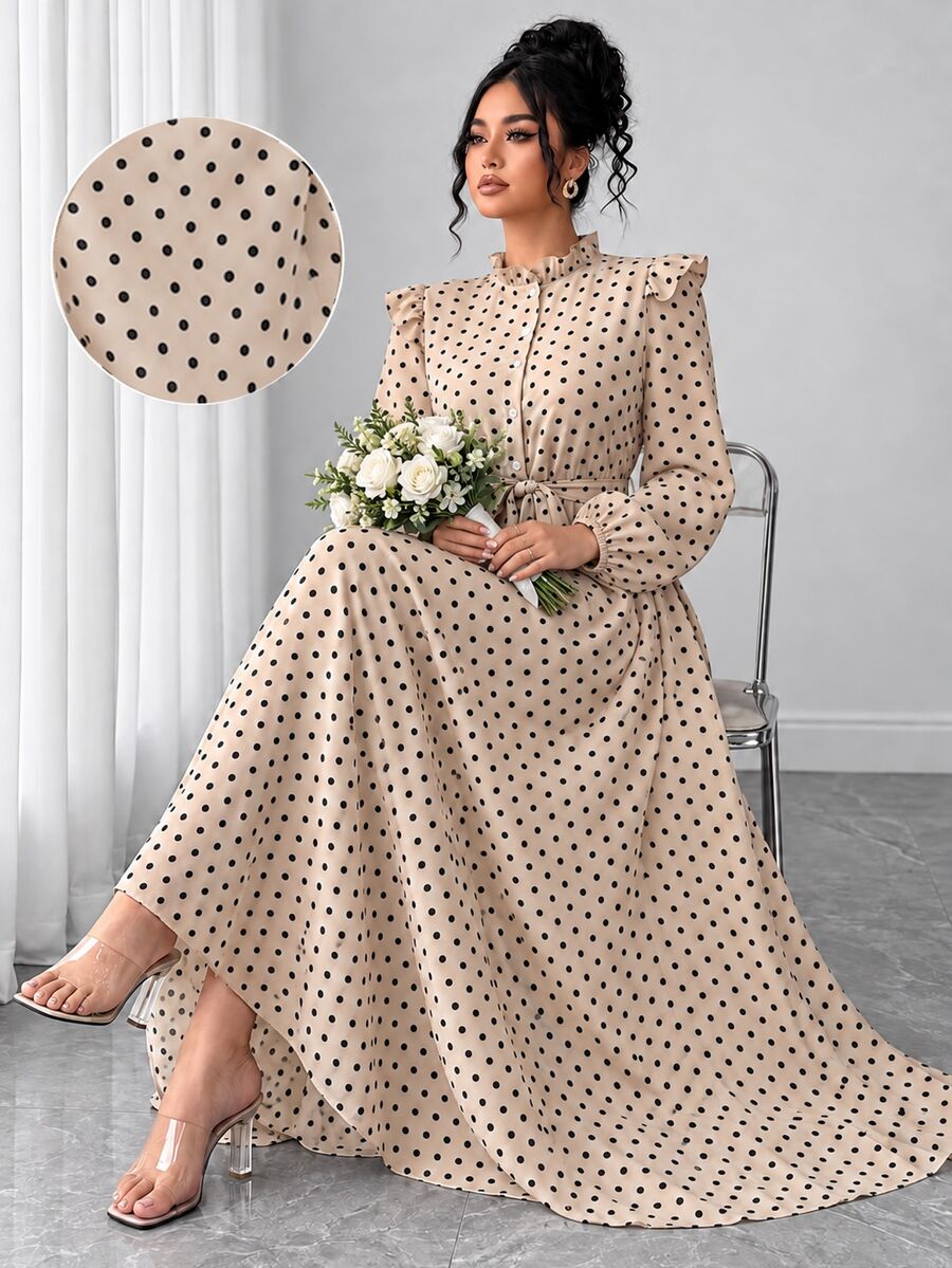 Elenzga Plus Size Stand Collar Long Sleeve Casual Dress Fall - Apricot - View 1
