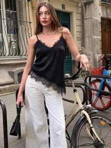 SHEIN PariChic Women's Fashion Sexy Lace Patchwork Asymmetrical Hem Camisole Night Out Going Out Black Summer - Black - View 1
