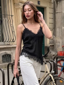 SHEIN PariChic Women's Fashion Sexy Lace Patchwork Asymmetrical Hem Camisole Night Out Going Out Black Summer - Black - View 3
