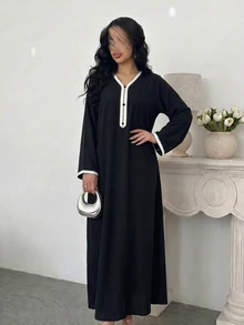 Al Najma 針織V領拼接黑色緞帶休閒端莊優雅寬鬆女款阿拉伯式長裙 正式洗禮賓客家庭度假冬季款 - 黑色 - 查看 4