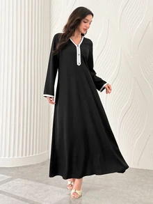 Al Najma 針織V領拼接黑色緞帶休閒端莊優雅寬鬆女款阿拉伯式長裙 正式洗禮賓客家庭度假冬季款 - 黑色 - 查看 8