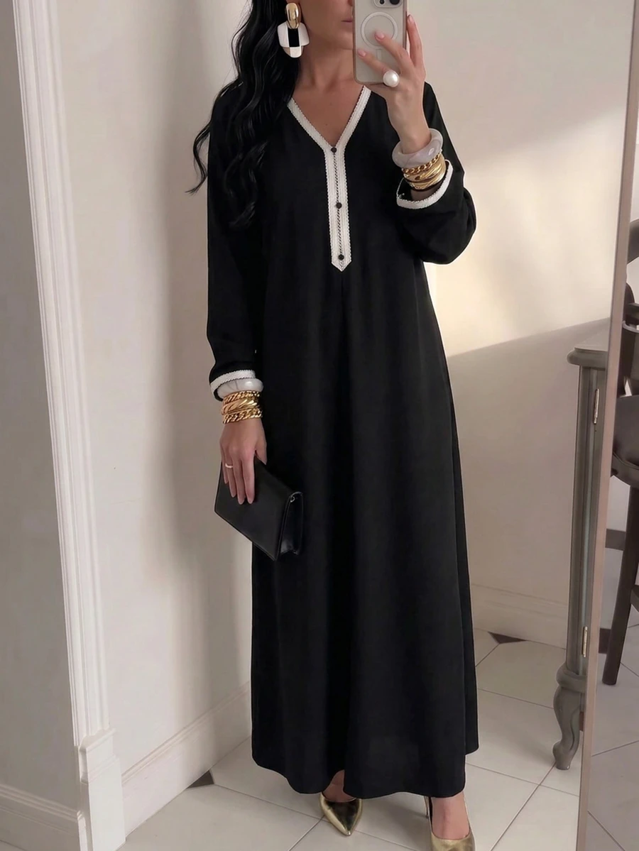 Al Najma 針織V領拼接黑色緞帶休閒端莊優雅寬鬆女款阿拉伯式長裙 正式洗禮賓客家庭度假冬季款