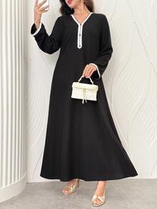 Al Najma 針織V領拼接黑色緞帶休閒端莊優雅寬鬆女款阿拉伯式長裙 正式洗禮賓客家庭度假冬季款 - 黑色 - 查看 3