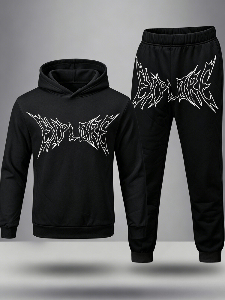 2pcs Setelan Anak Laki-Laki Remaja Kasual Olahraga Streetwear Motif Huruf Hoodie Hitam dan Celana Panjang Fleece Putih, Sweatshirt Lengan Panjang dan Celana Panjang, Cocok untuk Berpergian, Sekolah, Kasual Sehari-hari, Jalan-jalan, Olahraga, Musim Gugur/Dingin - Hitam - View 2