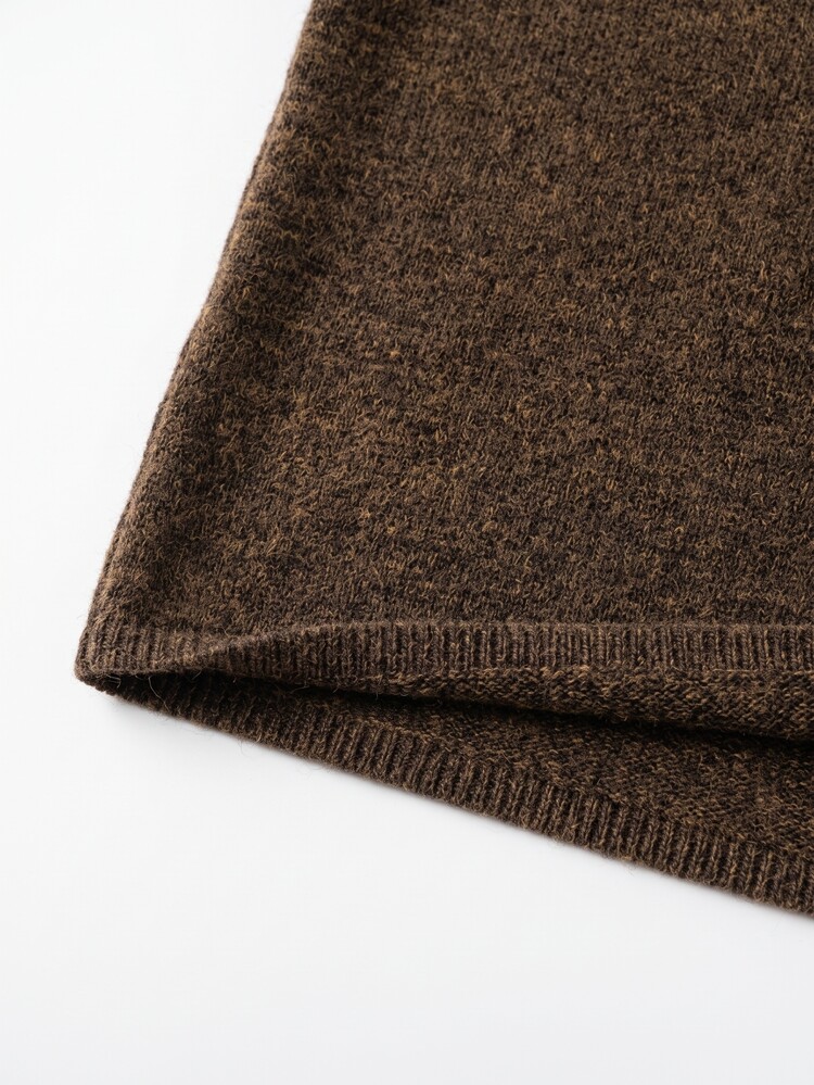 Grovea Autumn/Winter Plus Size Solid Color Half-High Neck Half-Button Raglan Long Sleeve Knit Pullover Sweater Office Formal Traditional Brown Casual - Coffee Brown - View 4