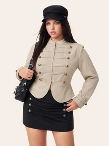 Comfortcana Plus Size Autumn Silver Vintage Elegant Dressy Napoleon Collar Slim Fit Zipper Long Sleeve Jacket Office Formal - Apricot - View 11