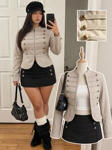 Comfortcana Plus Size Autumn Silver Vintage Elegant Dressy Napoleon Collar Slim Fit Zipper Long Sleeve Jacket Office Formal - Apricot - View 1