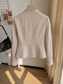 Comfortcana Plus Size Autumn Silver Vintage Elegant Dressy Napoleon Collar Slim Fit Zipper Long Sleeve Jacket Office Formal - Apricot - View 2