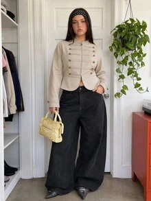 Comfortcana Plus Size Autumn Silver Vintage Elegant Dressy Napoleon Collar Slim Fit Zipper Long Sleeve Jacket Office Formal - Apricot - View 6