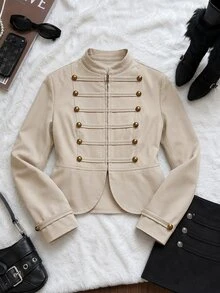 Comfortcana Plus Size Autumn Silver Vintage Elegant Dressy Napoleon Collar Slim Fit Zipper Long Sleeve Jacket Office Formal - Apricot - View 5