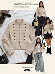 Comfortcana Plus Size Autumn Silver Vintage Elegant Dressy Napoleon Collar Slim Fit Zipper Long Sleeve Jacket Office Formal - Apricot - View 9