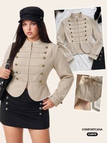 Comfortcana Plus Size Autumn Silver Vintage Elegant Dressy Napoleon Collar Slim Fit Zipper Long Sleeve Jacket Office Formal - Apricot - View 12