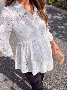 Momance Maternity Top Solid Color Hollow Out Elegant Chic Blouse Summer Babyshower Birthday White - White - View 1