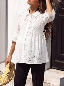 Momance Maternity Top Solid Color Hollow Out Elegant Chic Blouse Summer Babyshower Birthday White - White - View 3