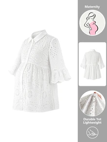 Momance Maternity Top Solid Color Hollow Out Elegant Chic Blouse Summer Babyshower Birthday White - White - View 4