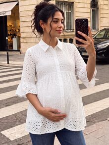 Momance Maternity Top Solid Color Hollow Out Elegant Chic Blouse Summer Babyshower Birthday White - White - View 2