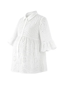 Momance Maternity Top Solid Color Hollow Out Elegant Chic Blouse Summer Babyshower Birthday White - White - View 10