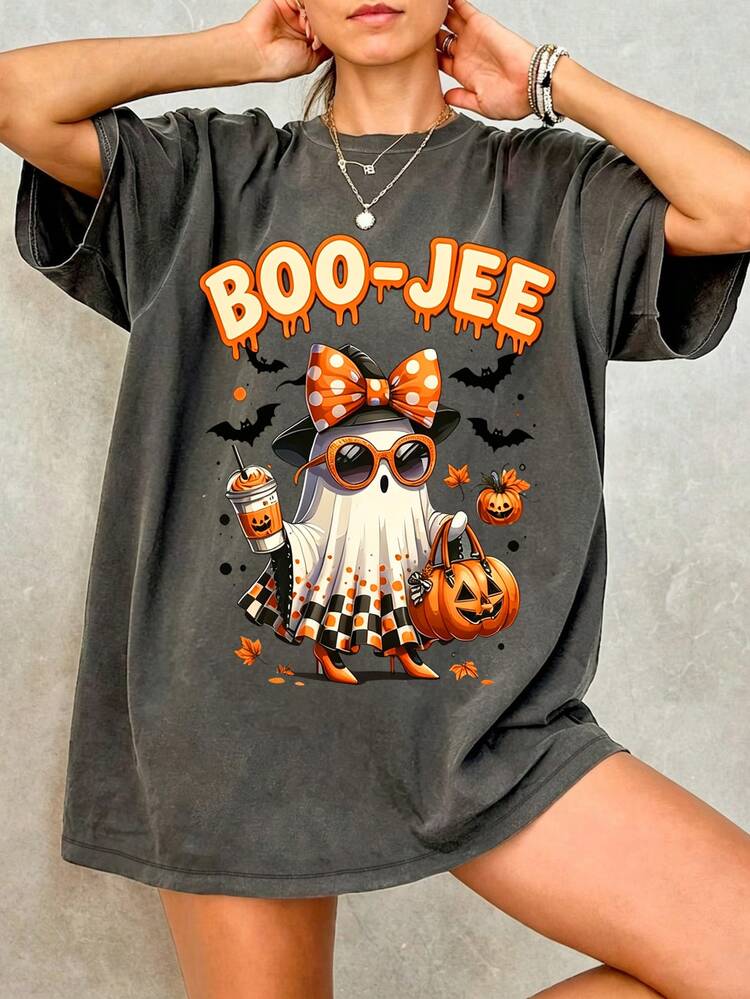 Lalippa Plus Size Summer Casual Daily Halloween Ghost Print Short Sleeve T-Shirt - Black - View 1